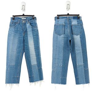 Moussy Women 25 Jeans Blue Straight Leg Patchwork Raw Hem Cotton 010ASH11-0600